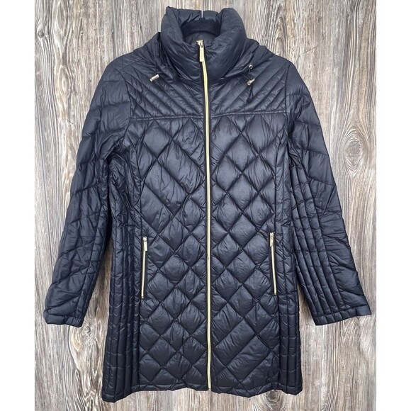 Michael Kors Womens Black Quilted Jacket Down Insulated Size M Hooded Packable - Picture 1 of 16
